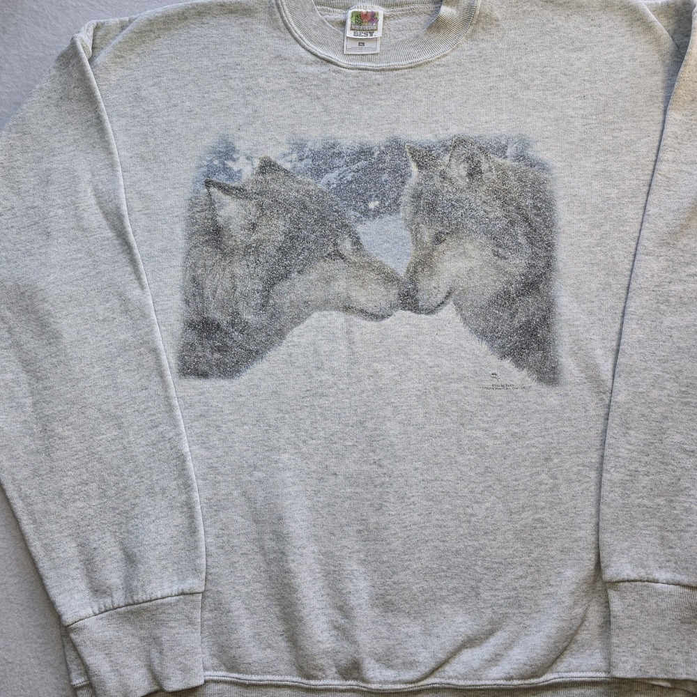 Vintage‎ 90s Wolf Sweatshirt XL Gray Graphic Crewneck Nature Animal Cabincore...